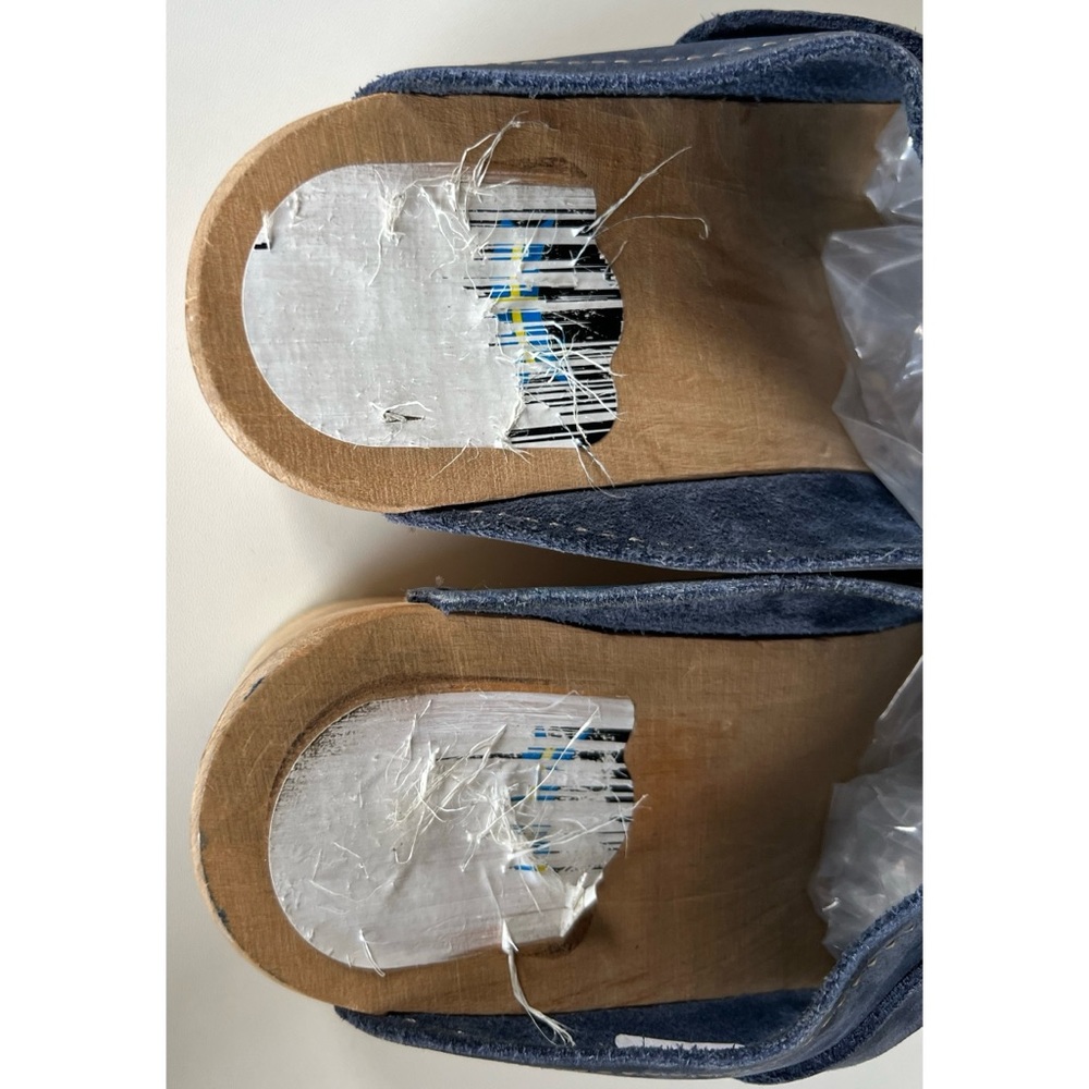 Vintage Blue Nubuck Slip On Wooden Clogs Mules 37 - Picture 4 of 13